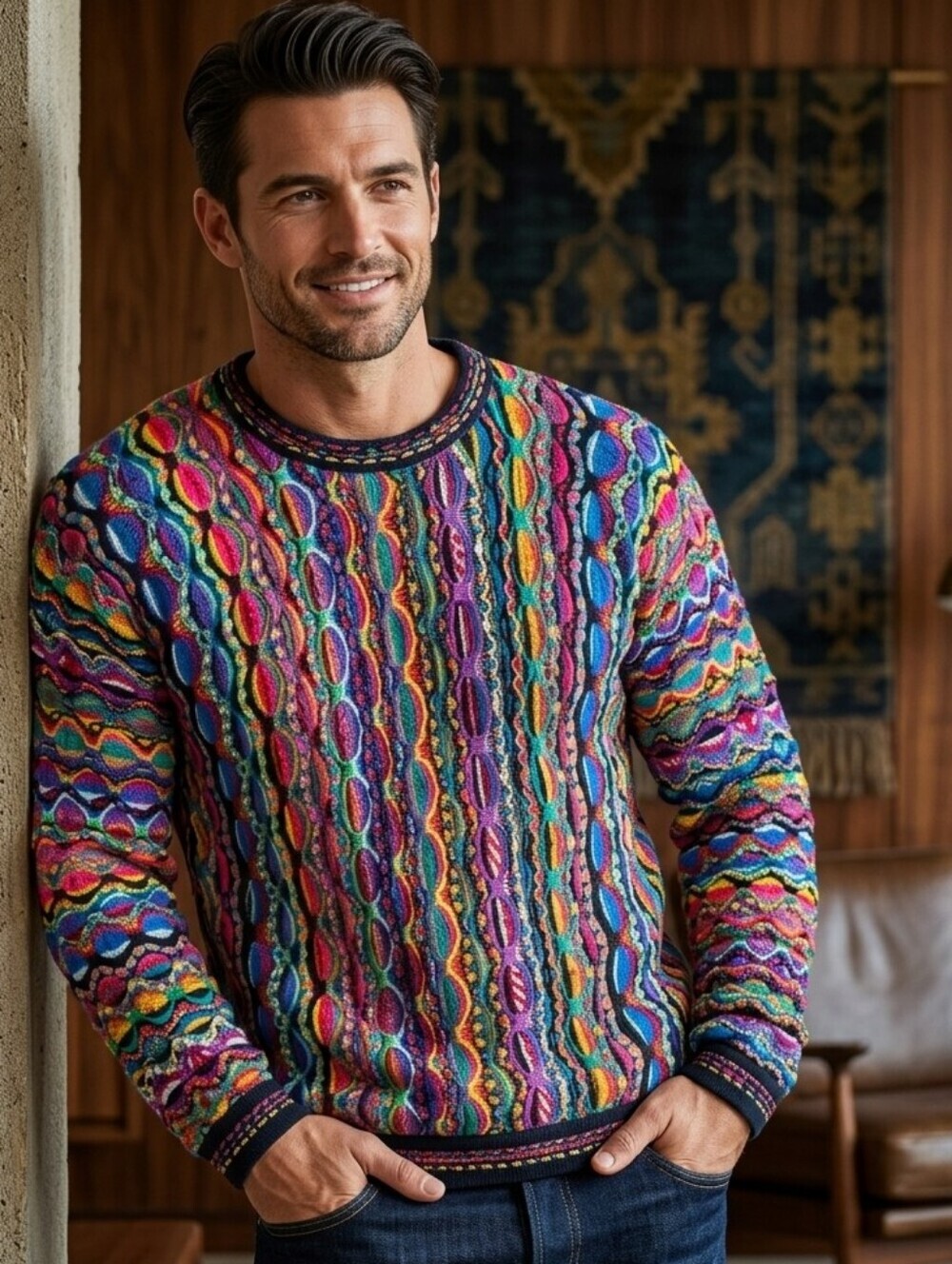 Coogi Multicolor Woven Knit 3D Y2K Rainbow Grandpa Sweater Shirt